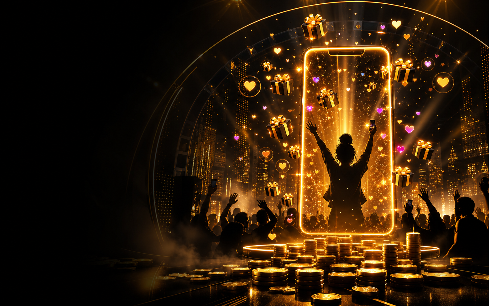 Black and gold Crush Live room with gift lights and a creator stage